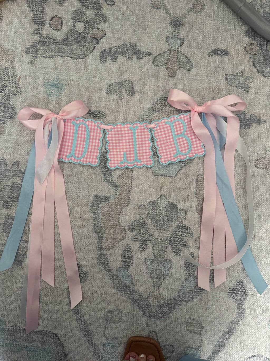 Custom 3 initial Pink Gingham and Baby Blue Banner
