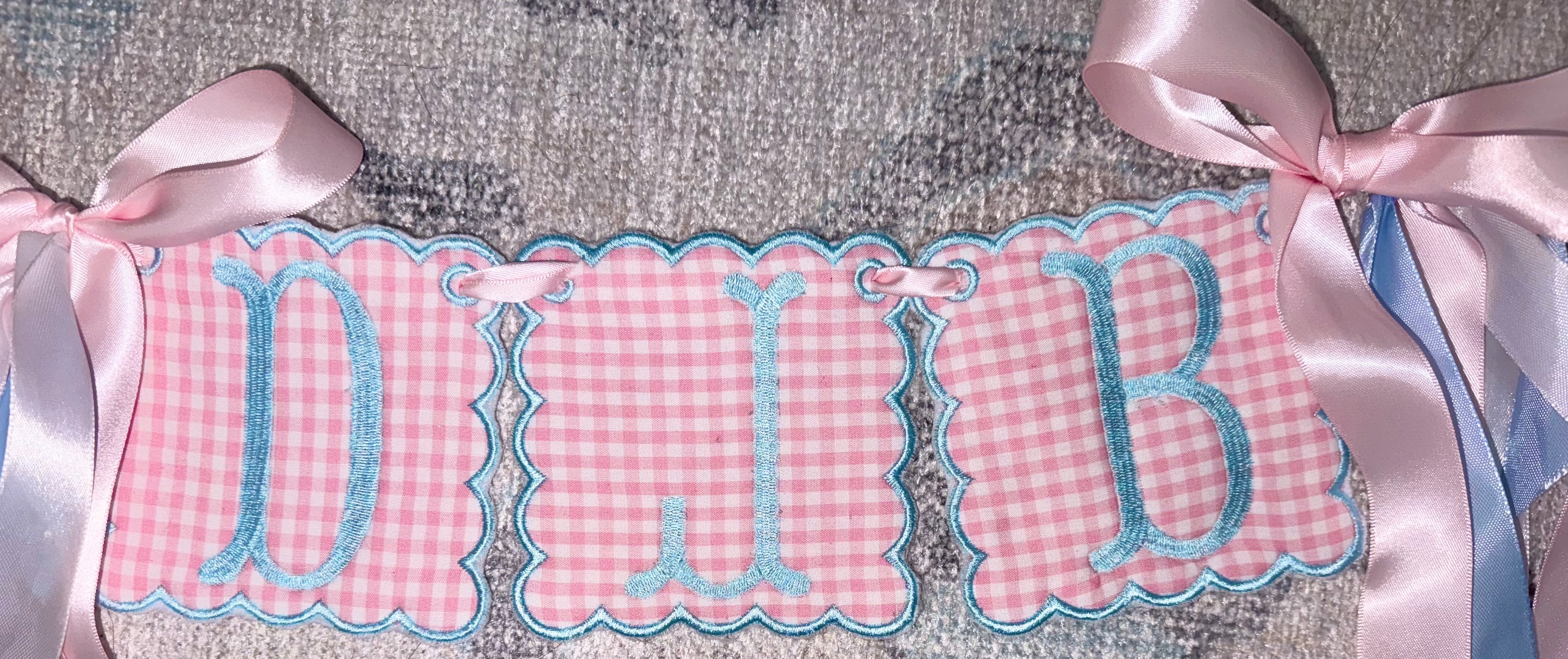 Custom 3 initial Pink Gingham and Baby Blue Banner